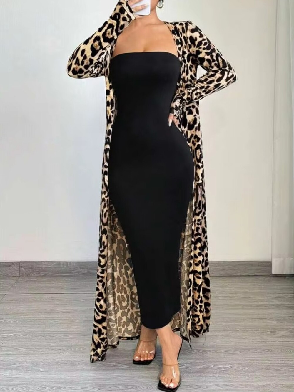 🍂 Fall Leopard Print Maxi Skirt, And Long Sleeve Black T-Shirt Set